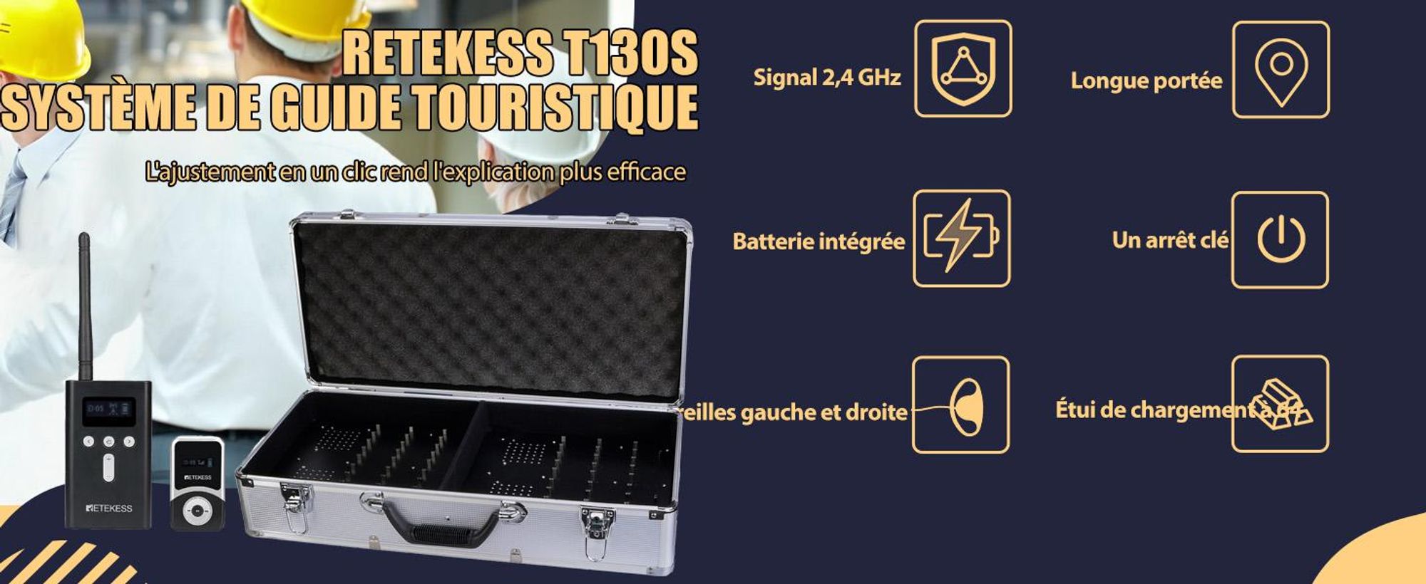 Système de visite guidée Retekess T130S, 49 canaux, portée de 100 m, écouteurs D, avec boîtier de recharge à 64 emplacements pour le tourisme, la formation (60 récepteurs), talkie-walkie