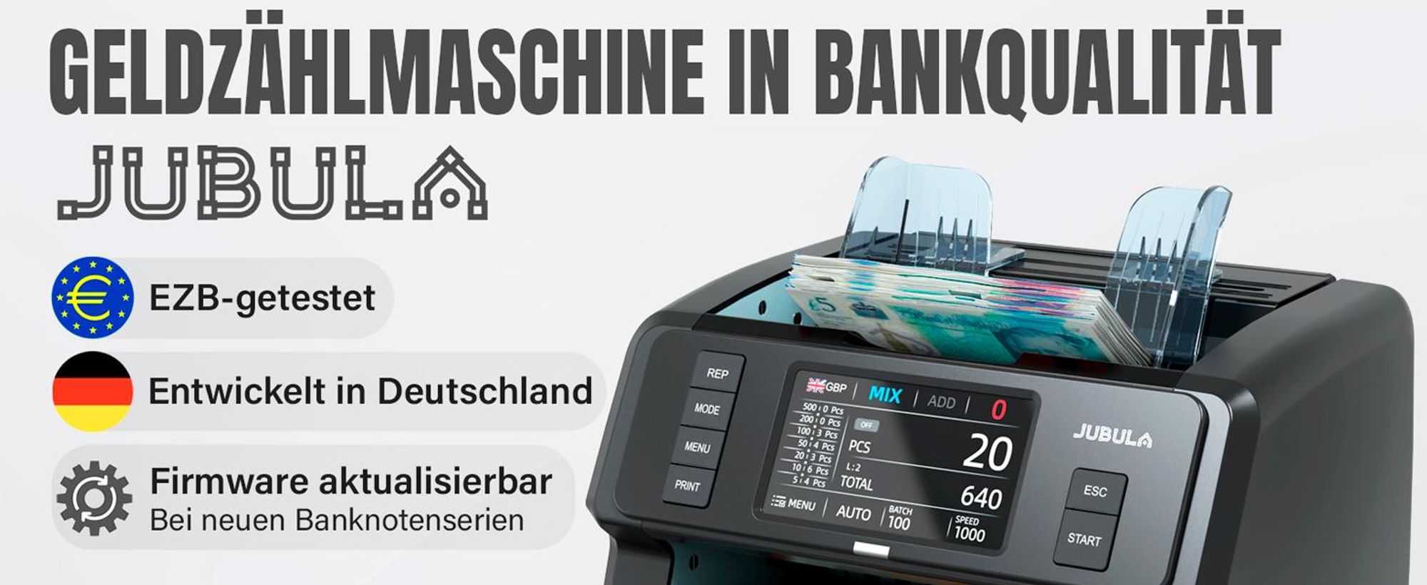 Jubula MV-400 Geldzählmaschine mit MPR-1 Drucker, Touchscreen, gemischter Wertzählung, Falschgelderkennung, 10 Währungen