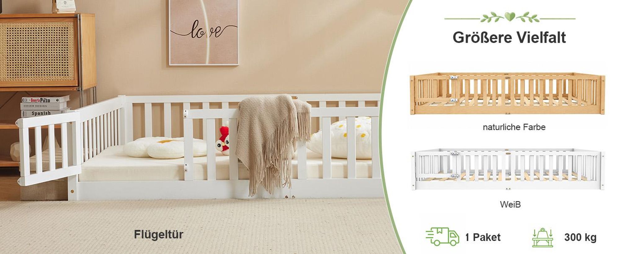 FCH Kinderbett mit Rausfallschutz & Lattenrost, 120x200cm, Montessori Bodenbett mit seitlichem Ausstieg, Einzelbett für Jugendzimmer, Weiß