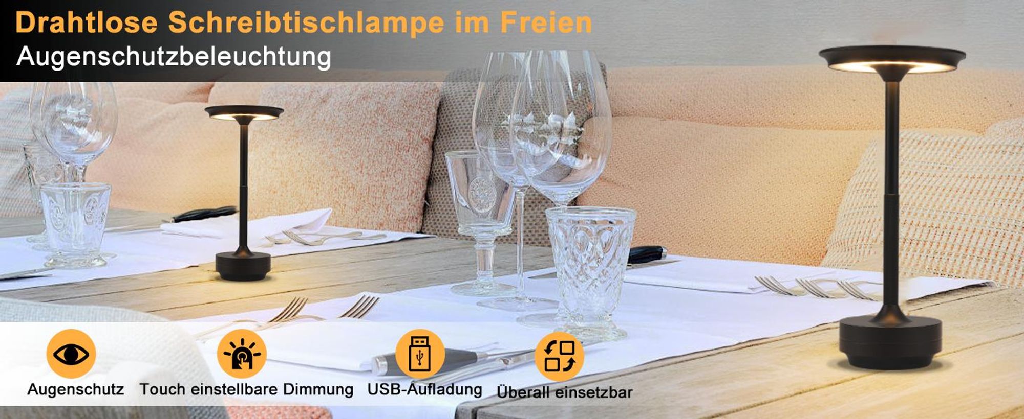 ZMH Tafel lamp, draadloos, nachtlampje, oplaadbare LED tafel lamp, touch bediening, dimbaar, met USB oplader, zwart. Batterij gevoede tafel lampen voor moderne woonkamers, vensterbanken, kinderkamers en slaapkamers