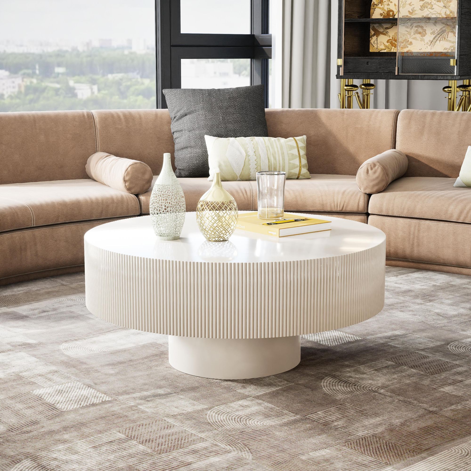 TWSOUL Couchtisch Moderner Runder Couchtisch, Weiß,78.5cm*35cm mit Fluted-Optik