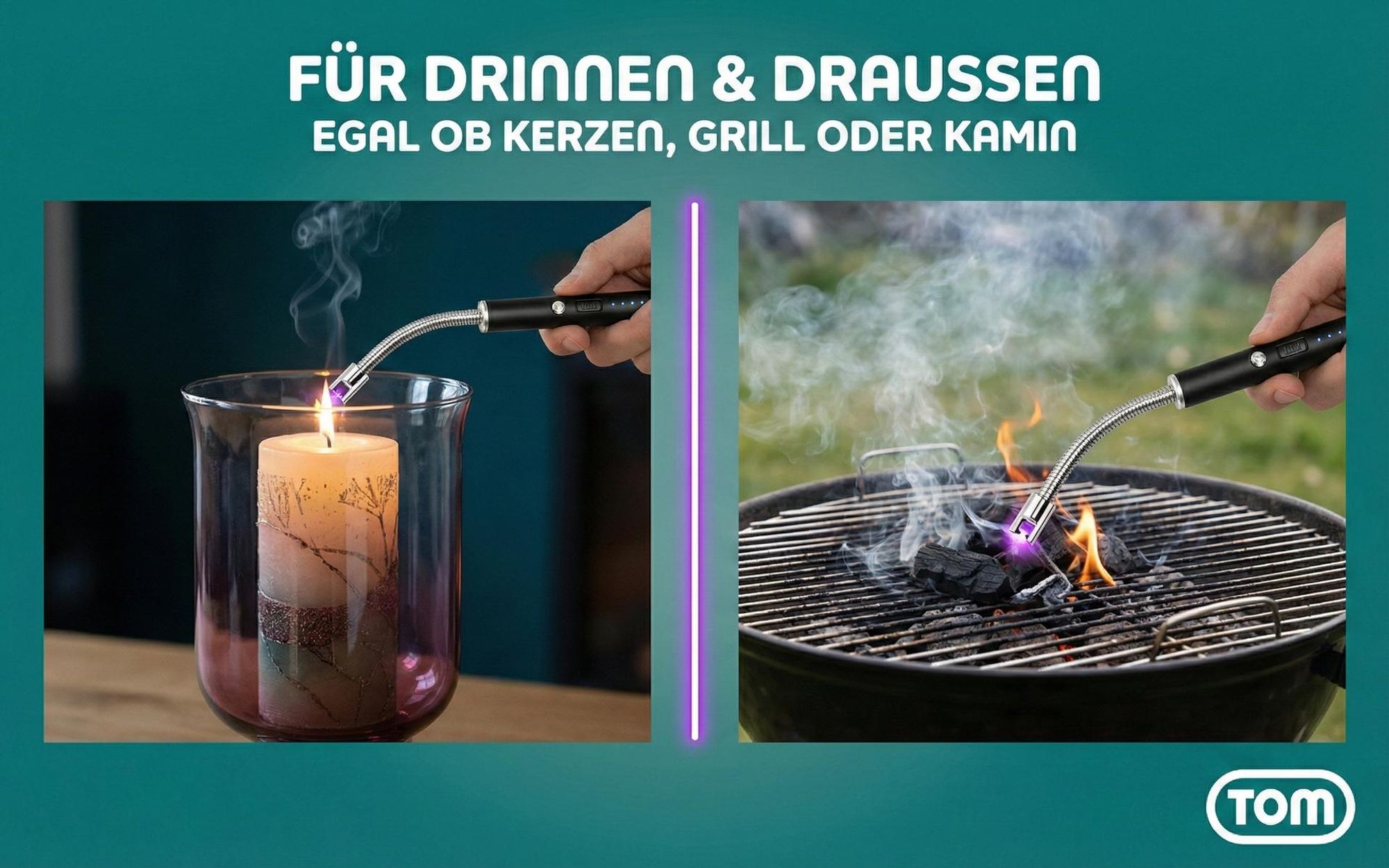 TOM Lichtbogenfeuerzeug | 25,5 cm | biegsamer Stab | mit USB Kabel | 360° biegbar