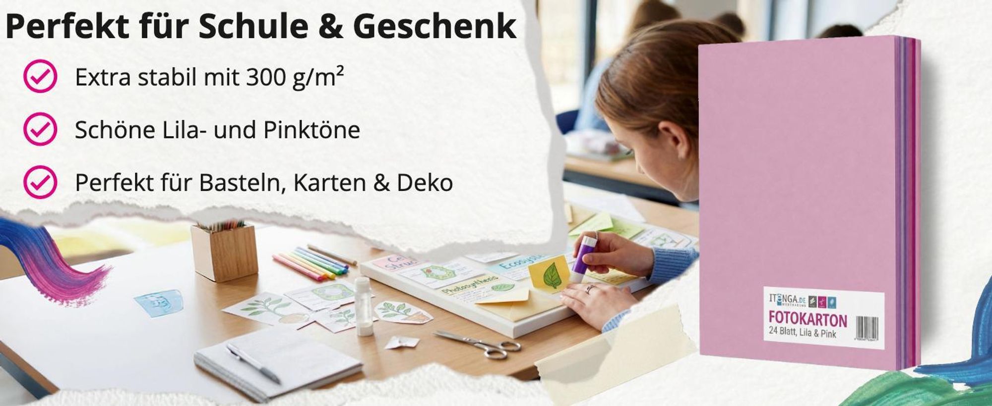 itenga Fotokarton - A4 300 g/qm 24 Blatt - Lila und Pinktöne 6 Farben je 4 Blatt