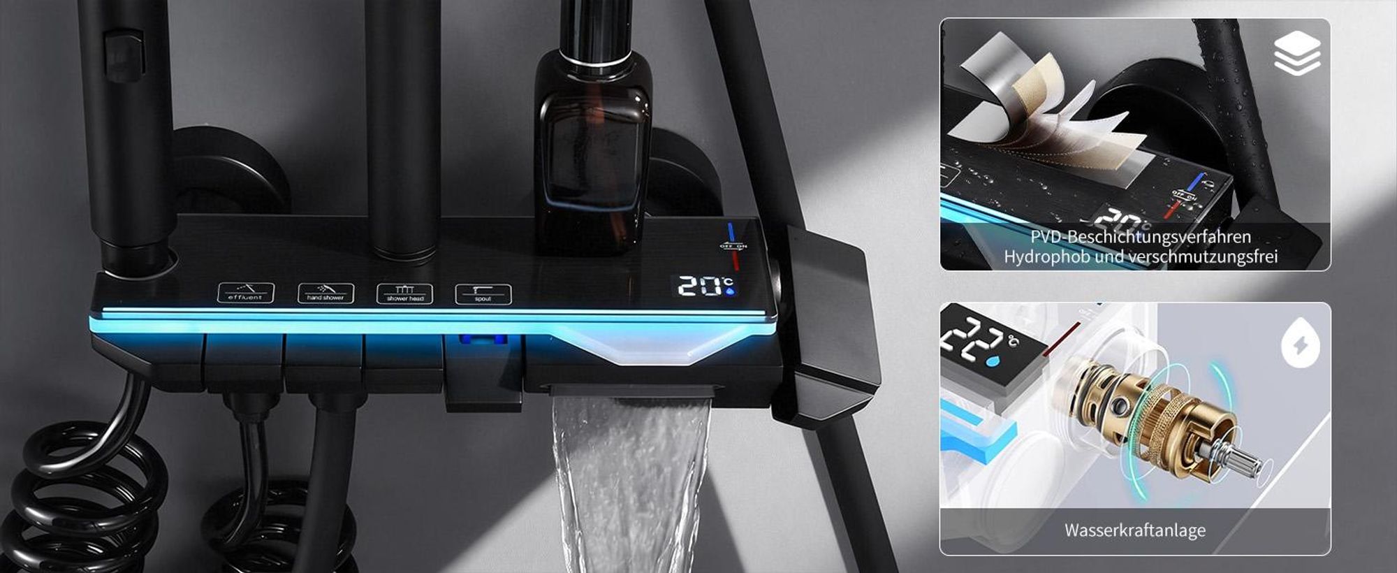 Homelody Duschsystem Messing Schwarz, 4 Wasserausgabe Modi, Duscharmatur Komplettset, Duschset Digitale Temperaturanzeige mit Atmosphärenlicht