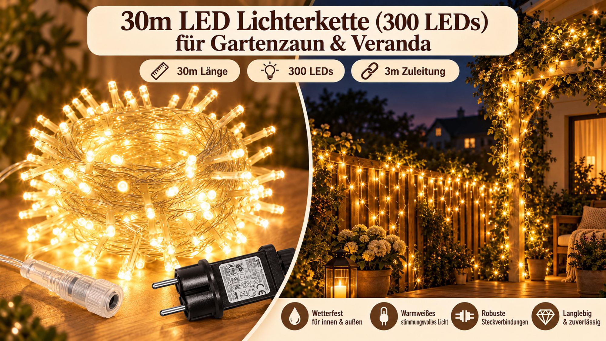 30M 300LEDs 8 Modi Lichterkette Strom, Timer, Merkfunktion, LED Weihnachten Lichterkette Party Deko Licht Weihnachtsbaum Garten Beleuchtung, Warmweiß