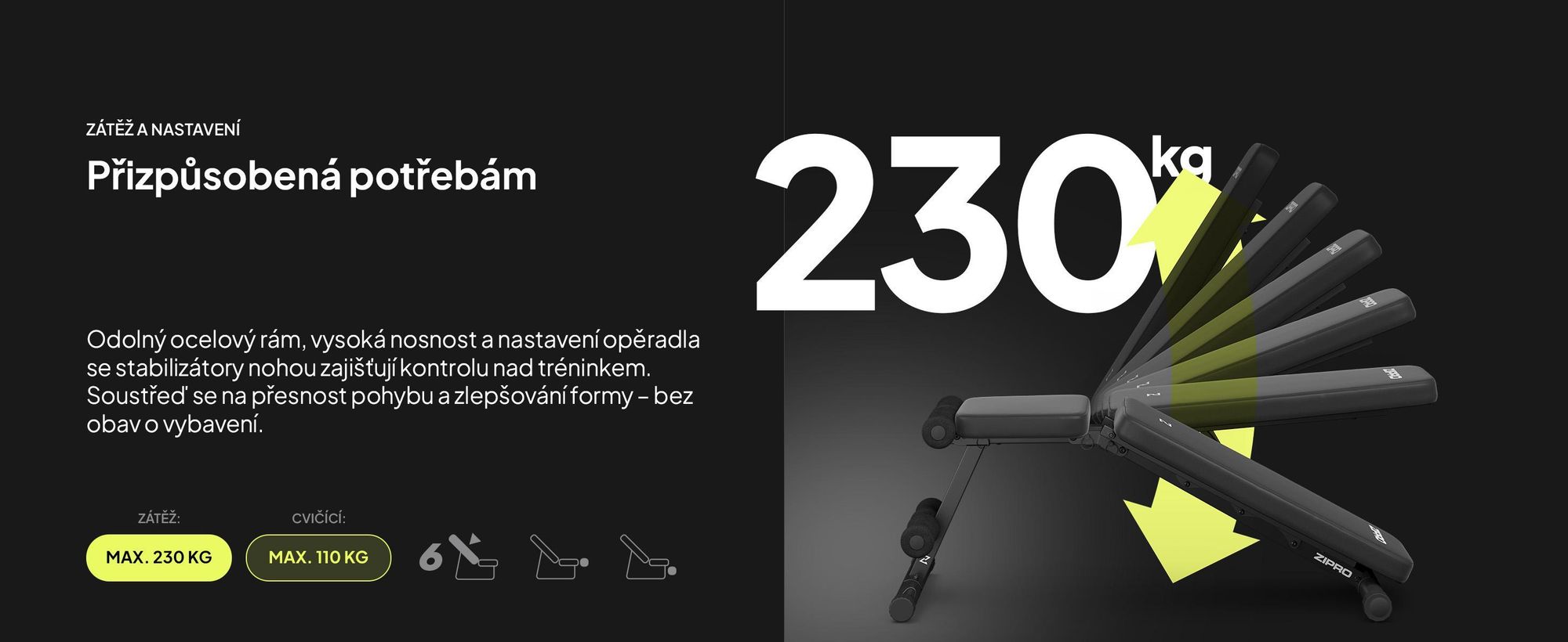 Skládací lavice na činky Zipro Tempo – nastavitelná tréninková lavice pro domácí použití, šikmá lavice, negativní lavice s expandéry, nosnost 230 kg, ideální pro činky