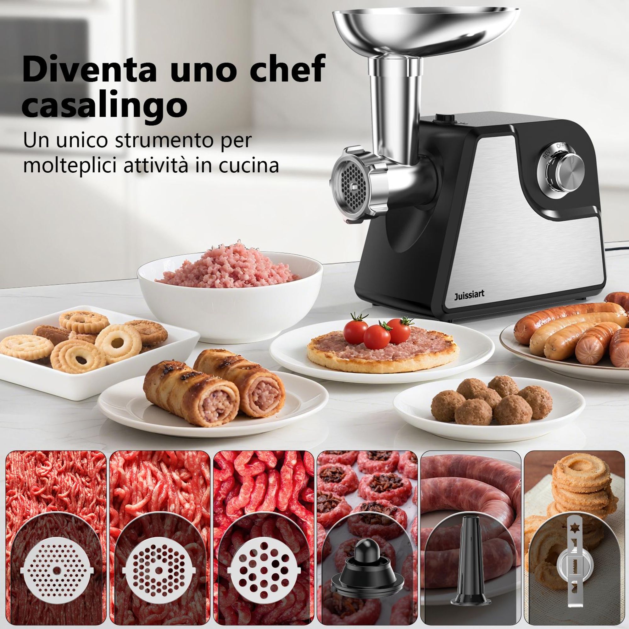 Juissiart MG4150R Tritacarne - Potenza 300W resa di carne 1.2KG/Min materiale della lama acciaio 420 per metallurgia delle polveri - Nero