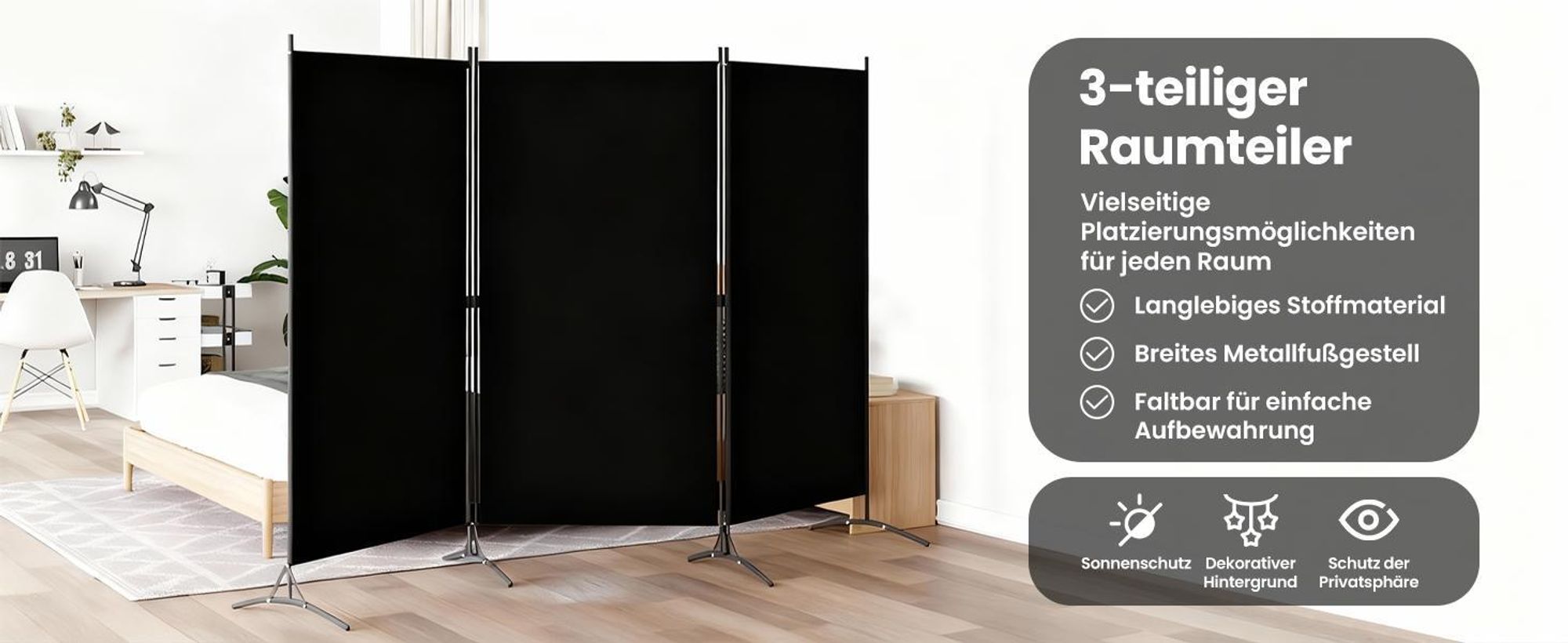 vidaXL 3-tlg. Raumteiler Schwarz 260x180 cm