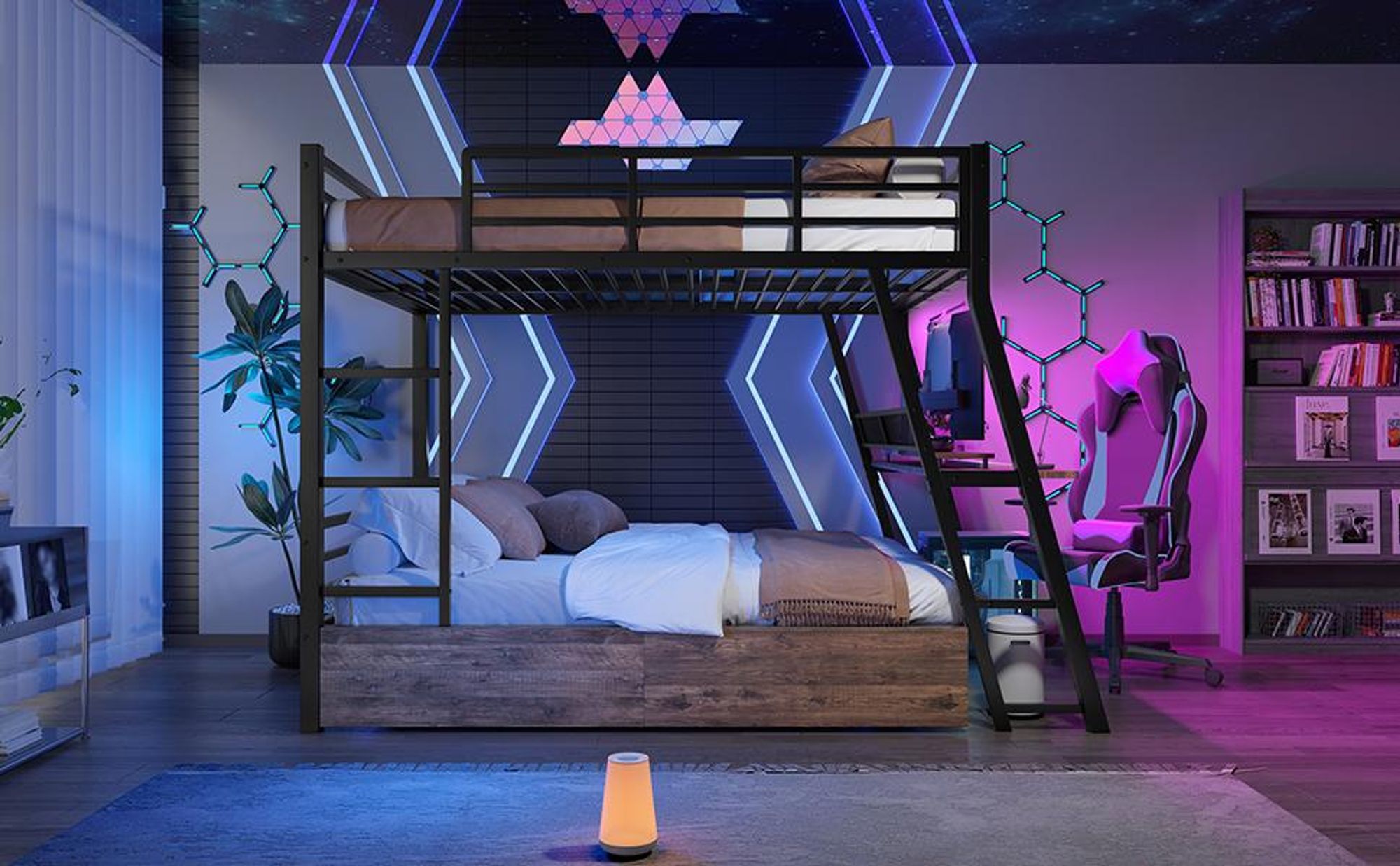 Merax Etagenbett Hochbett 140x200 cm, Kinderbett mit Schreibtisch, LED, 2 Schubladen, Geländer & Treppe, Stockbett Eisenbett, Schwarz