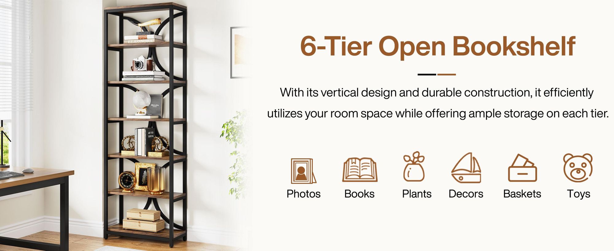Tribesigns Bücherregal mit 6 Ebenen, 200 cm industrielles mit Lagerregalen, AufbewahrungsOrganizer für Wohnzimmer, Schlafzimmer und Home Office, Braun