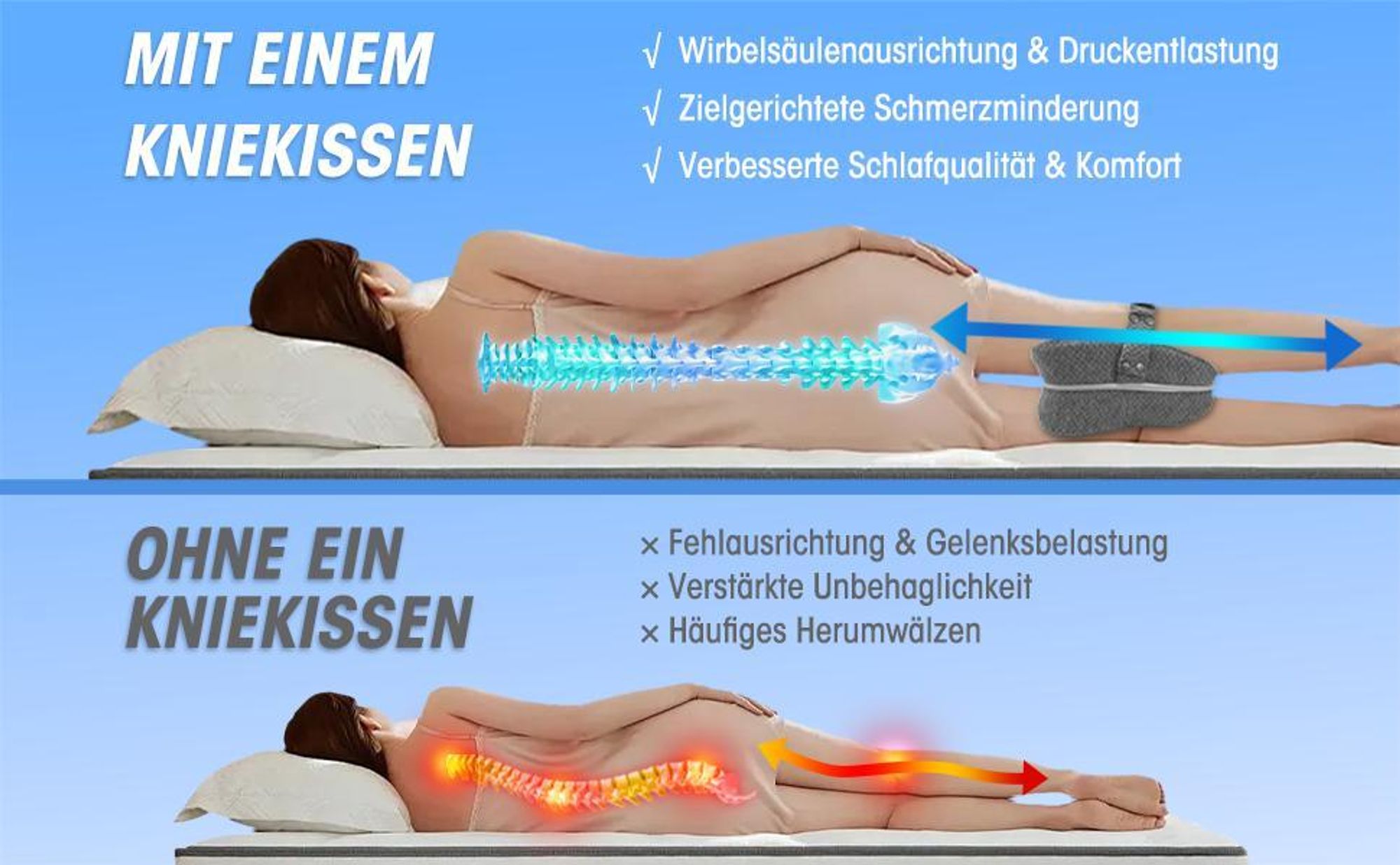Kniekissen, Orthopädisches Kniekissen aus Memory-Schaum, Ergonomisches Beinkissen, Kissen für Seitenschläfer, Für Hüft Rücken Knie-Schmerzen