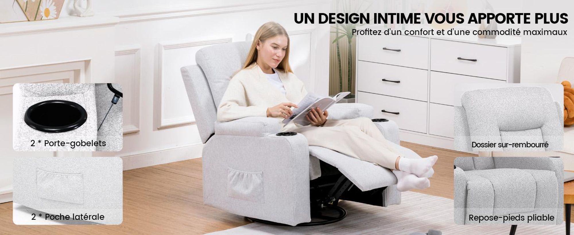 COMHOMA Fauteuil de relaxation Fauteuil TV en tissu avec fonction chaise longue Fauteuil TV réglable, Recliner Chair, gris clair-tissu