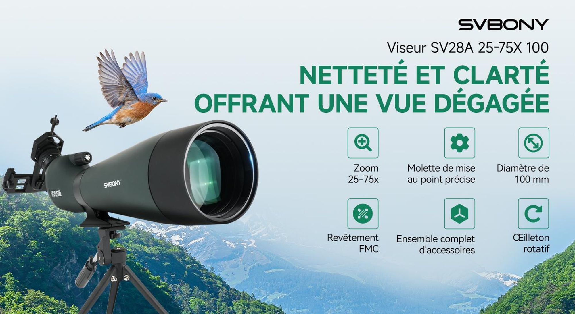 Svbony SV28 25-75x100mm Longue Vue avec Trépied, H-K9L Porro Prisma FMC, Image Claire et Lumineuse, pour l'observation des oiseaux, le tir à la cible