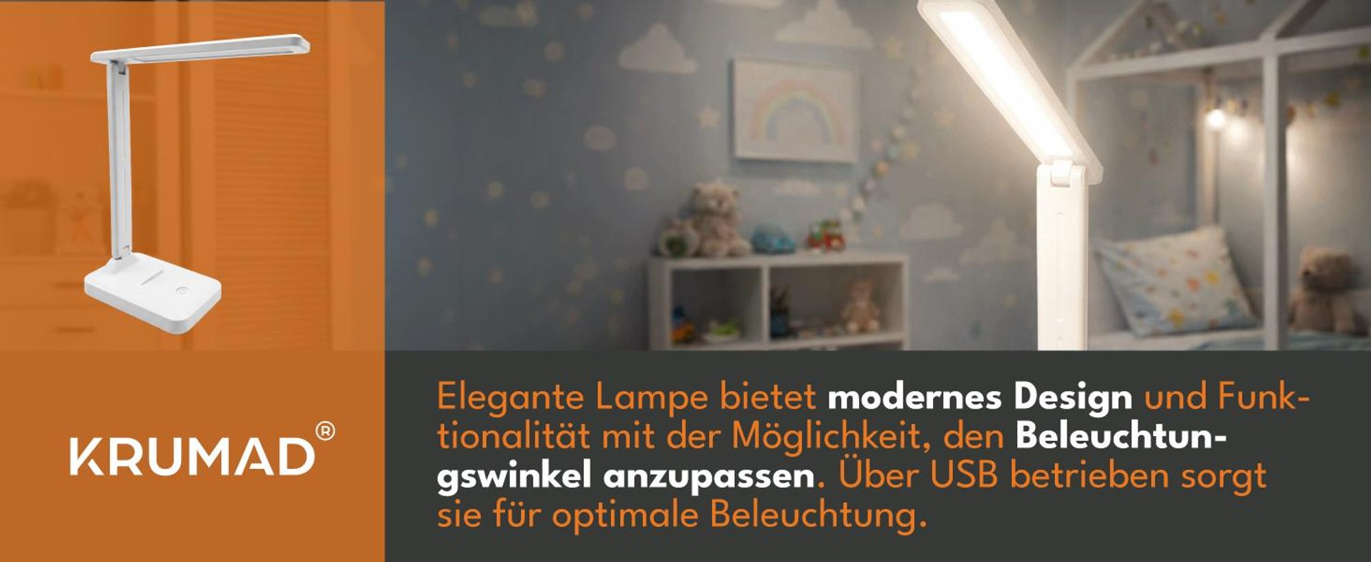 KRUMAD LED Schreibtischlampe USB, Touch dimmbar, verstellbar, Tischlampe fürs Büro, Lernen & Lesen, modernes Design, Weiß