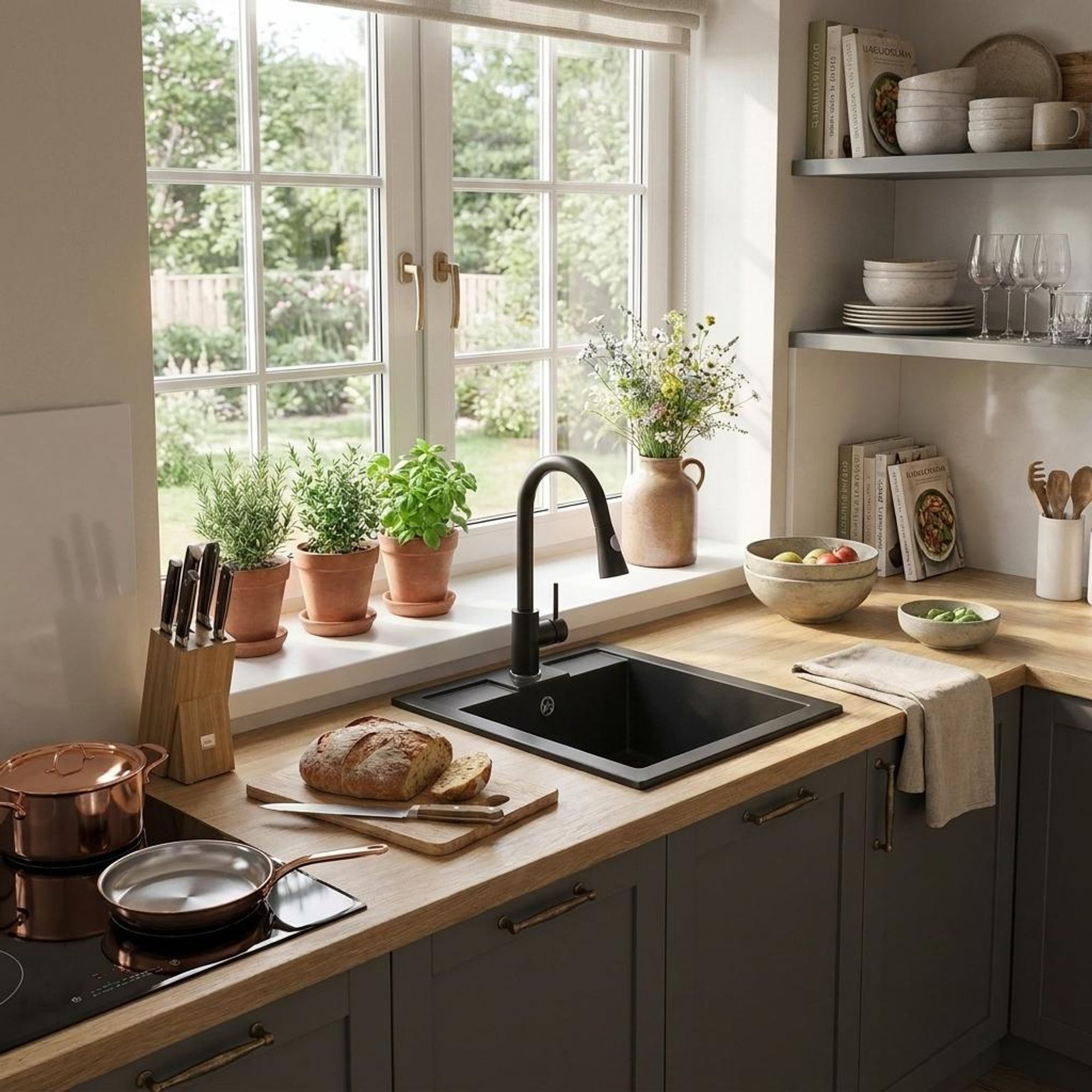 Granitan | GranitSpüle - Spülbecken 1-Kammer - 50x40 cm - Rechteckig - Schwarz - Küchenarmatur mit ausziehbarem Auslauf - BEST