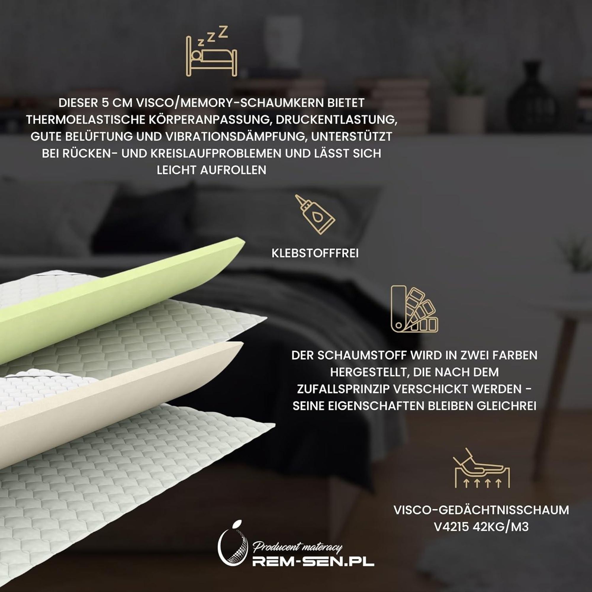REM-Sen Matratzen Topper Memoryfoam Matratzentopper 110x190 cm Höhe 6cm Härtegrad 2 (H2) Luxusmatratze aus Sehr Weich Memoryschaum, Dreilagige Membranhülle Für Sofa, Bett,