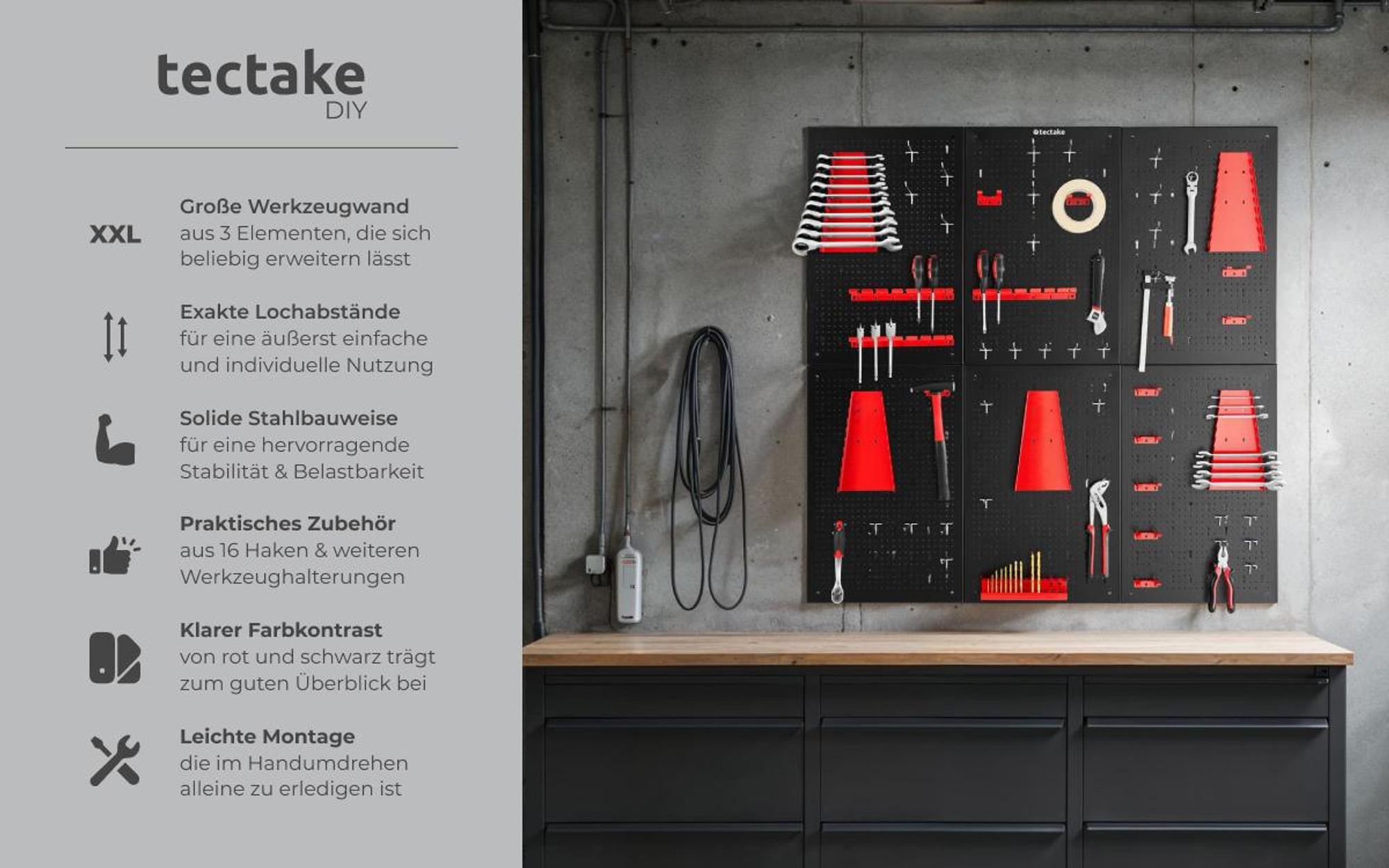 tectake® Werkzeuglochwand Jonah sechsteilig Belastbarkeit 4 kg pro Platte