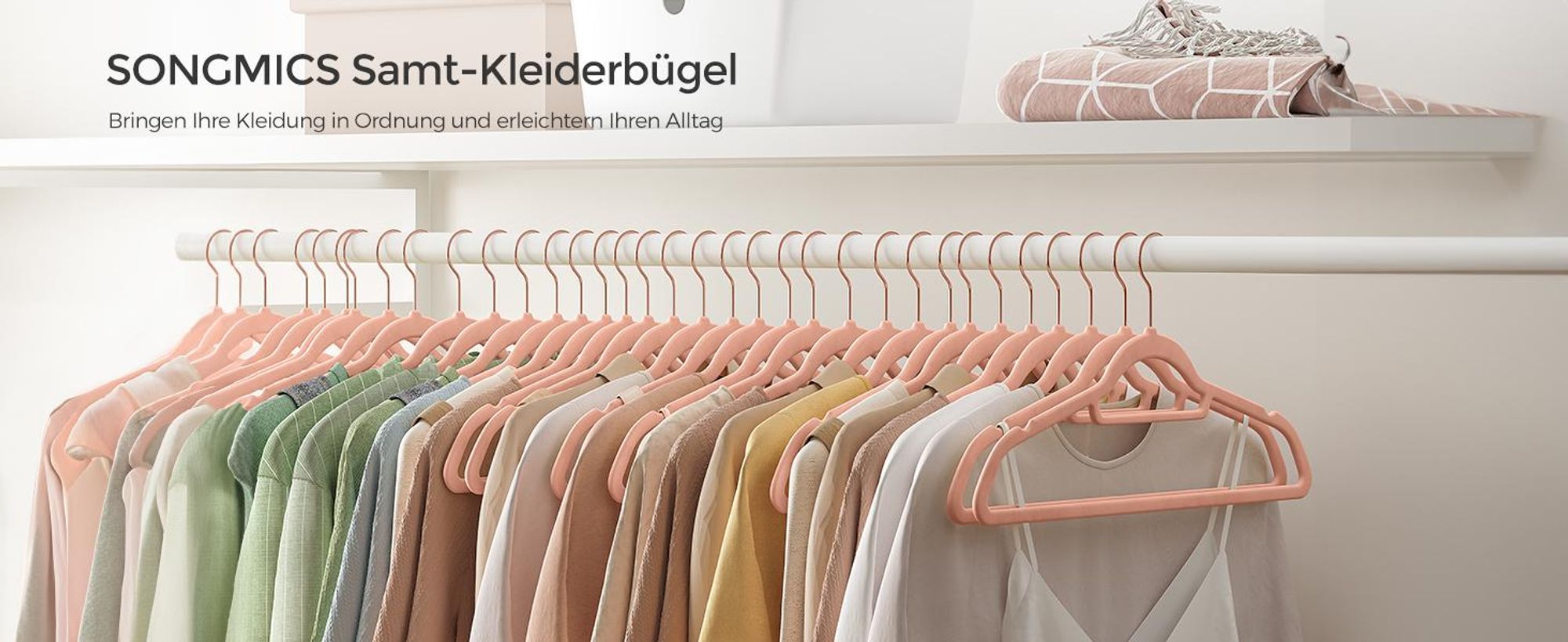 SONGMICS Kleiderbügel, Samt, 50 Stück, platzsparend, Anti-Rutsch, Jackenbügel, drehbarer Haken in Roségold, Dicke 0,6 cm, 45 cm lang, für Jacken, Hemden, Röcke, Hosen, Krawatten, rosa CRF21PK50