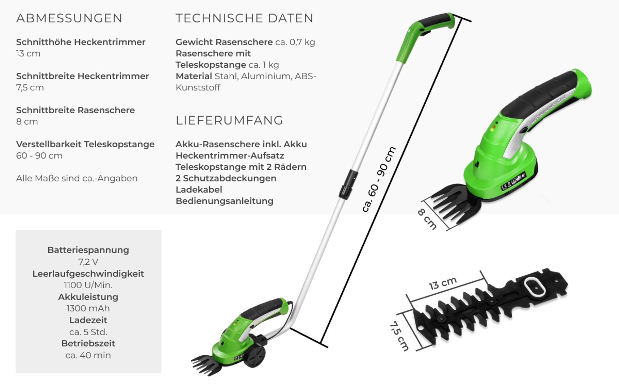 tectake® Akku Heckenschere 7,2 V mit 2 Aufsätzen inklusive Teleskopstange