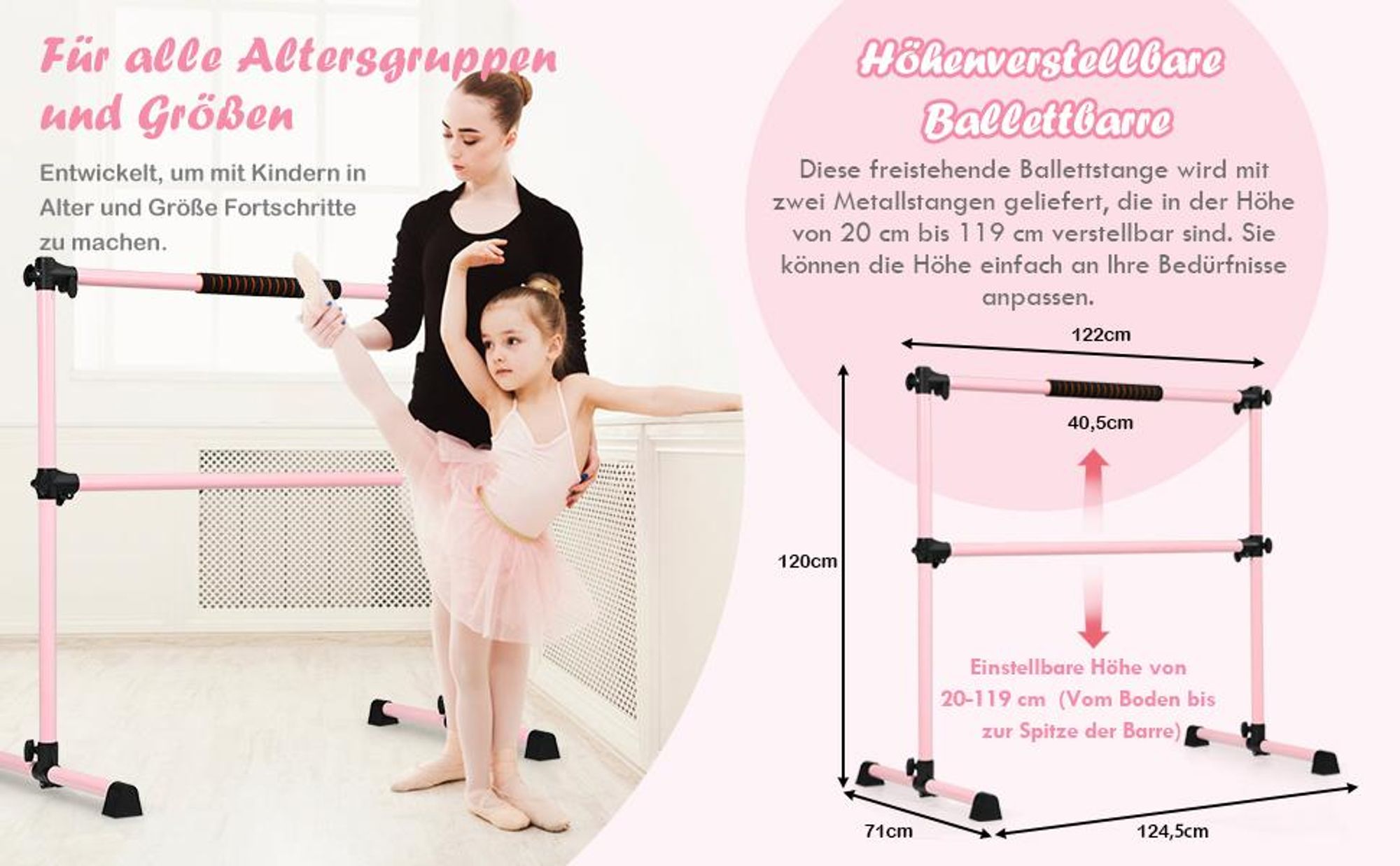 COSTWAY Ballettstange freistehend, Ballet Bar höhenverstellbar, Ballett Barre aus Eisen, Stretch Barre bis 50KG belastbar, ideal für Kinder und Erwachsene
