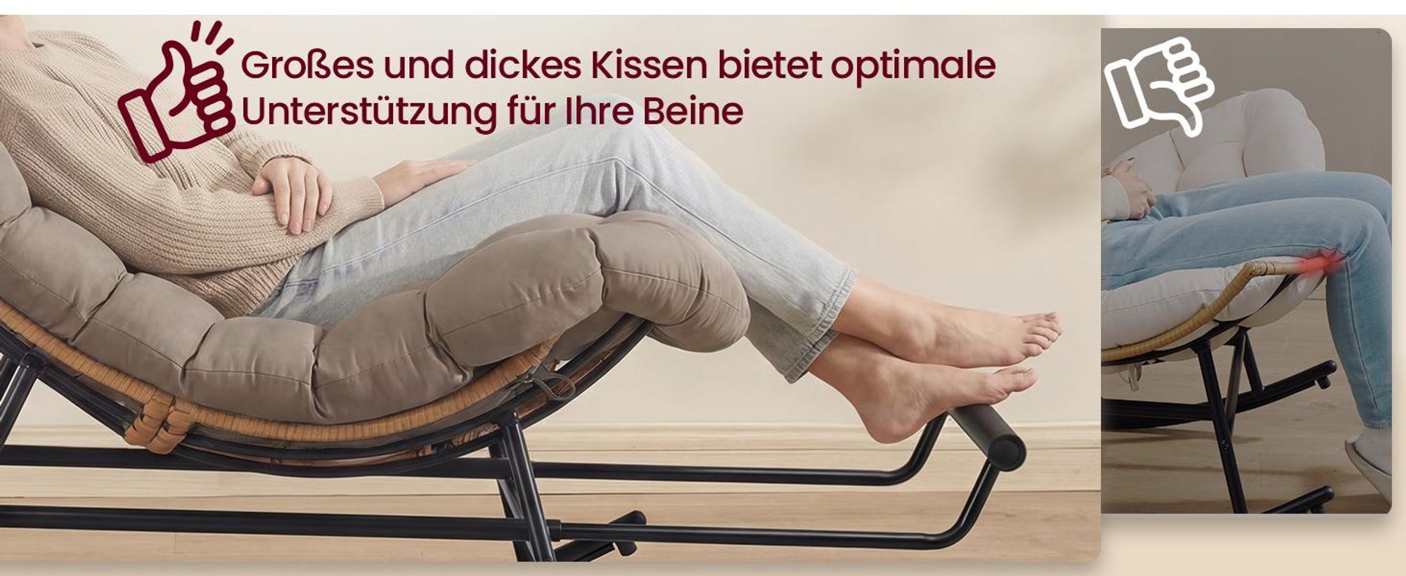 VASAGLE Relaxsessel mit ausziehbarer Fußstütze, Schaukelsessel, abnehmbares Kissen, Stahlgestell, bis 136 kg, beige