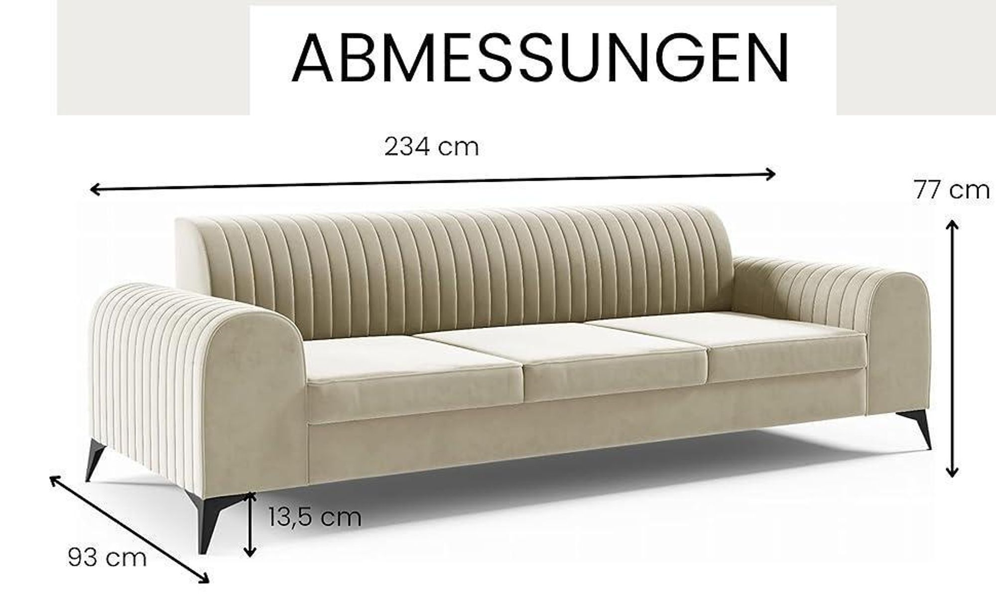 LIKMA Ekrü 3 Sitzer Samt Sofa Elsa 234x77x93 cm 3-er Couchgarnitur Hydrophobe Beschichtung Velvet Moderne Wohnzimmer Couch Velours Glamour Design Stoff Fresh 01