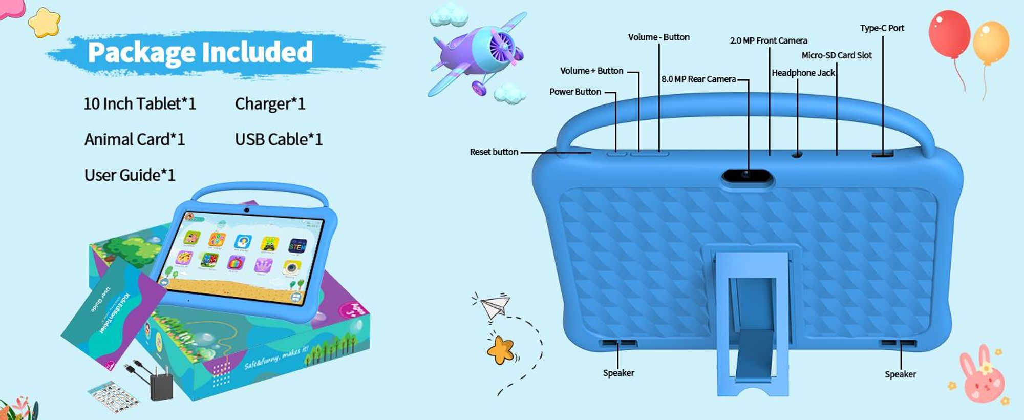 PRITOM Android 13 Tablet für Kinder, 10 Zoll Octa-Core, 64 GB RAM, 1 TB TF-Karte erweiterbar, Kindersicherung, Dual-Kamera, WLAN