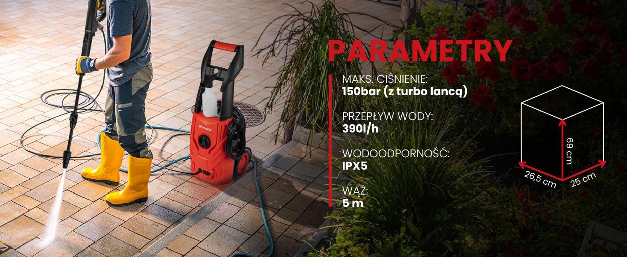 Myjka ciśnieniowa z pianownicą i turbo lancą, regulowaną lancą i aluminiową pompą