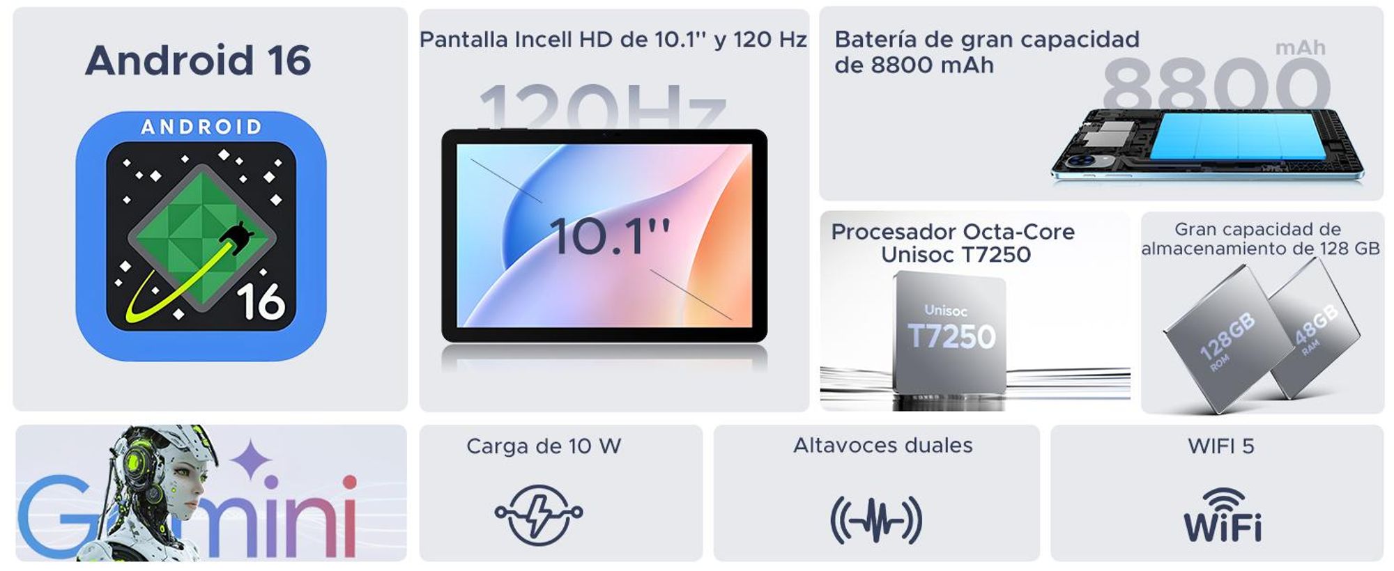 POCKAM P10 PRO, 48 (8+40) GB + 128 GB, 10 pulgadas, Android 16, batería de 8800 mAh, incluye teclado, ratón, lápiz óptico, funda, etc., Bluetooth 5.0, Wi-Fi 5G, Gemini AI, conector de auriculares de 3.5 mm
