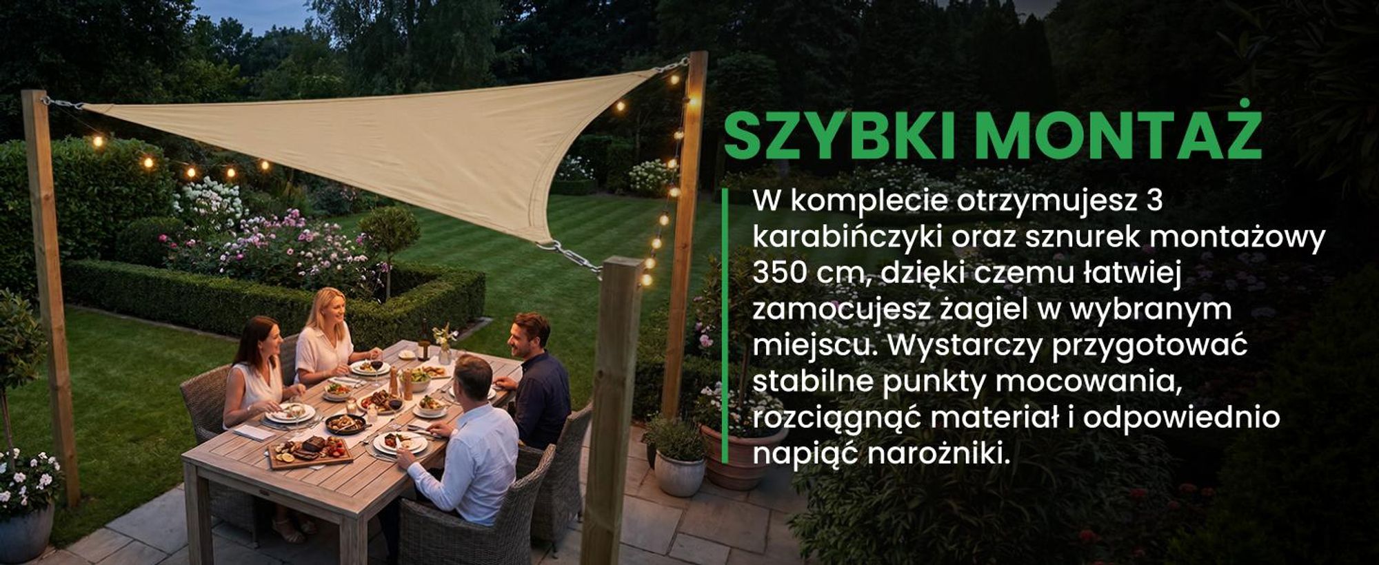 Beżowy trójkątny żagiel ogrodowy 3 na 3 na 3 metry na taras balkon patio wodoodporny