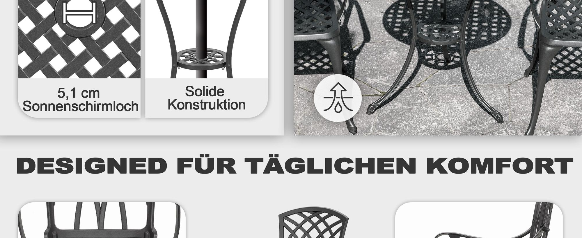 Avestar 3-teiliges Bistroset aus Aluminiumguss, Gartenmöbel Set, runder Bistrotisch  mit 2 Bistrostühlen, Schwarz