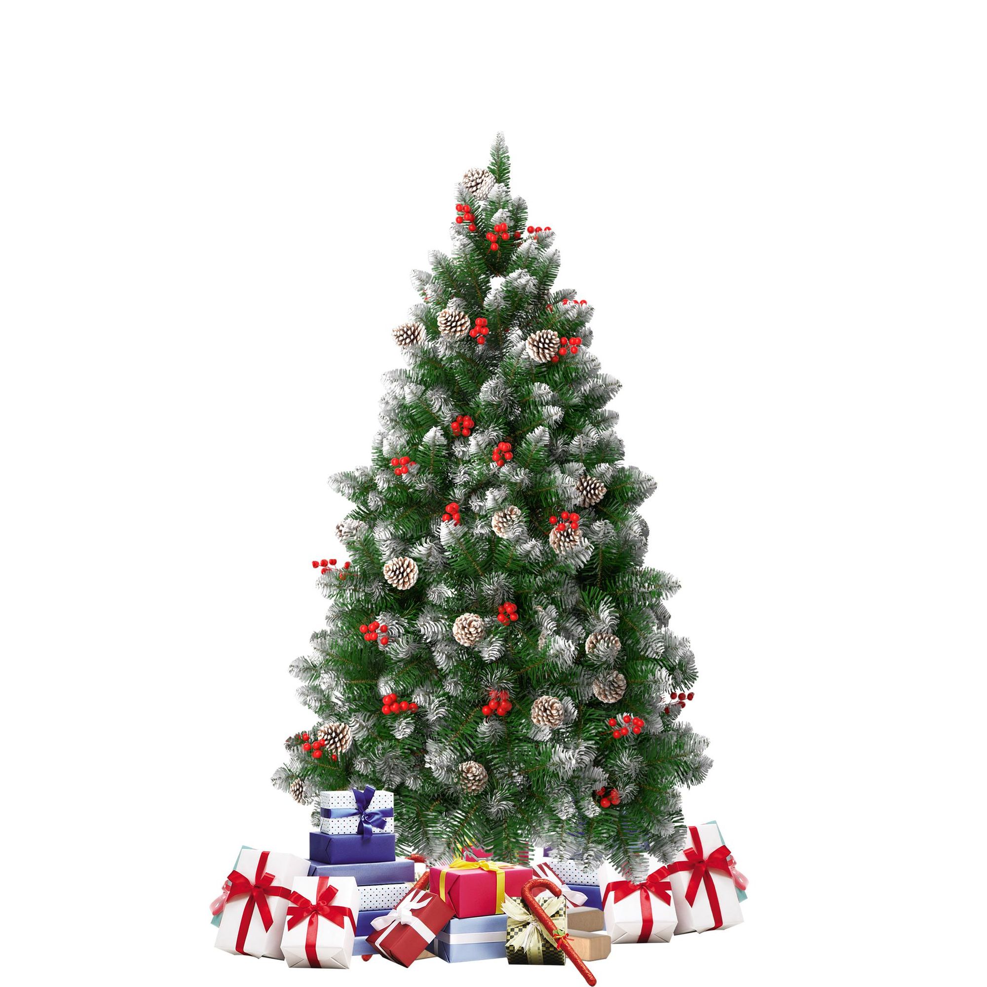 LARS360 Künstlicher Weihnachtsbaum 150 cm mit Holzständer, Schnee-Effekt, Tannenzapfen und roten Beeren, grüner Weihnachtsbaum für Weihnachten