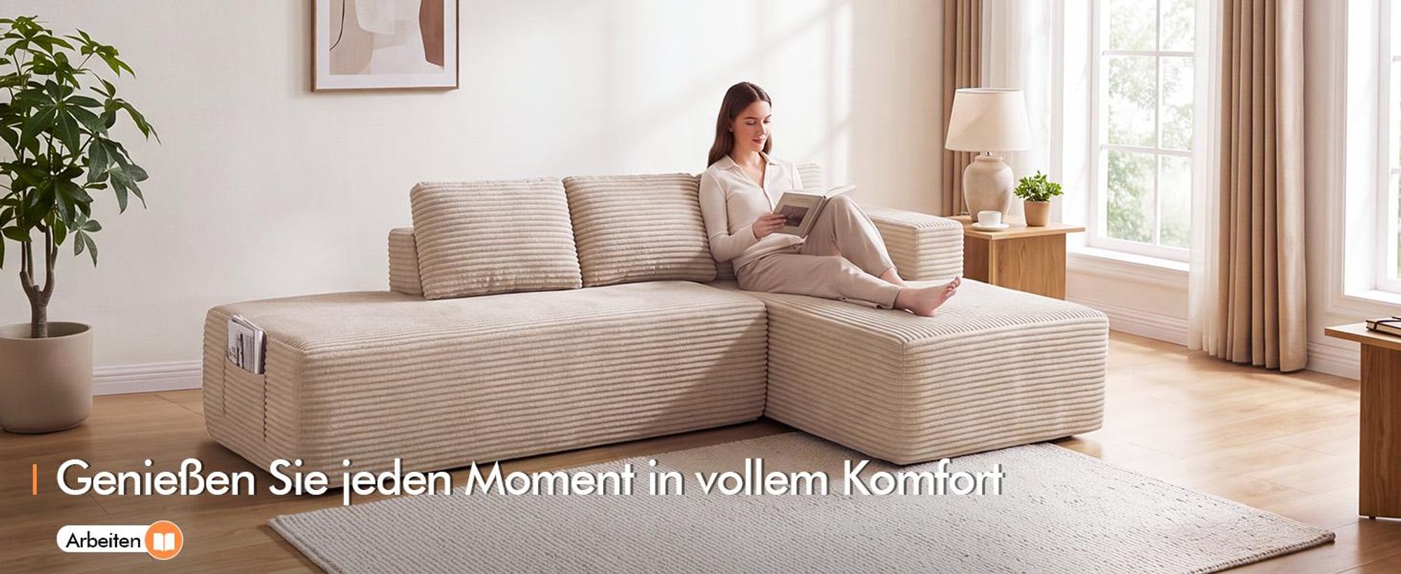 COMHOMA Ecksofa mit Schlaffunktion, 228cm Corduroy Modulares Boneless Couch mit Chaiselongue & Rücken-Metallgestell, L-Form Schlafsofa mit offenem