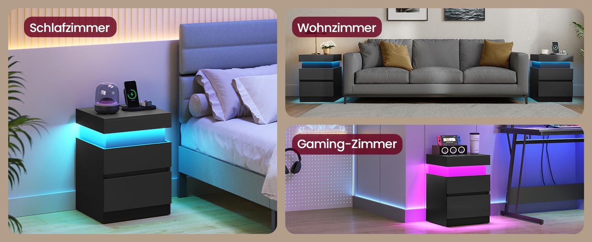 VASAGLE Beistelltisch mit Ladestation, 2er Set, Nachttisch mit Beleuchtung, Steckdosen, Geheimfach, Schubladen, modern, schwarz