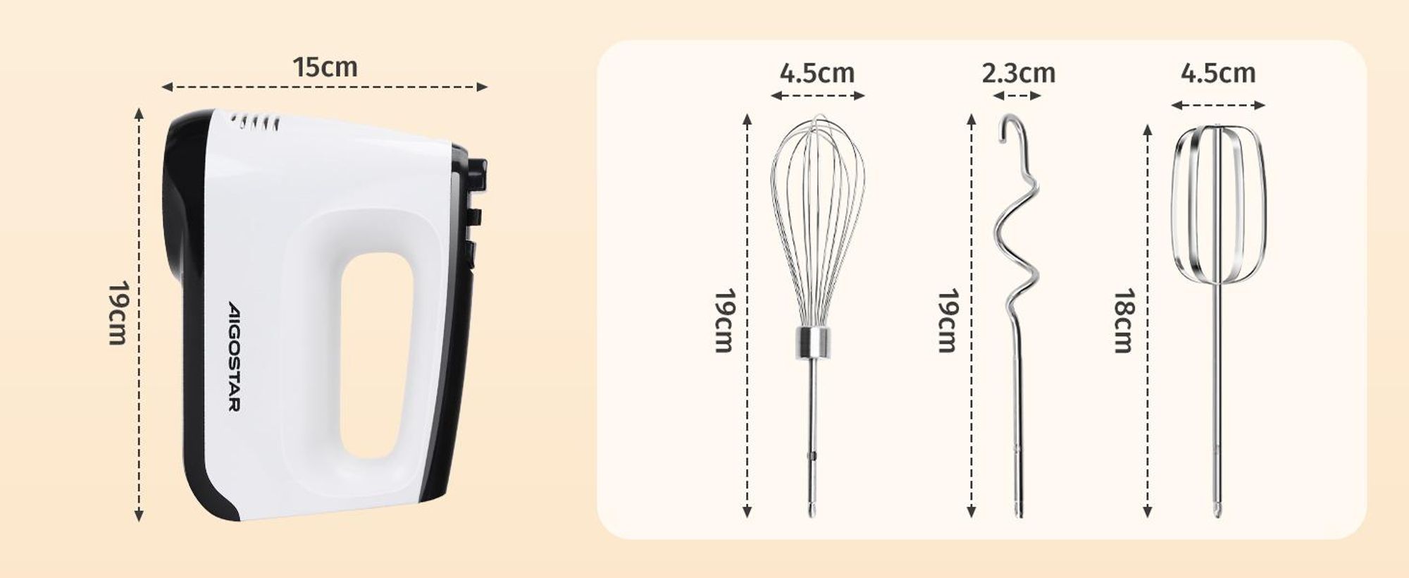 Aigostar Pudding- Handrührgerät, 6 Geschwindigkeiten Handmixer, 400W Ultra Power, Turbolader. Ausgestattet mit 2 Schneebesen, 2 Knethaken, Schneebesen und Aufbewahrungsbox, Zubehör spülmaschinenfest.