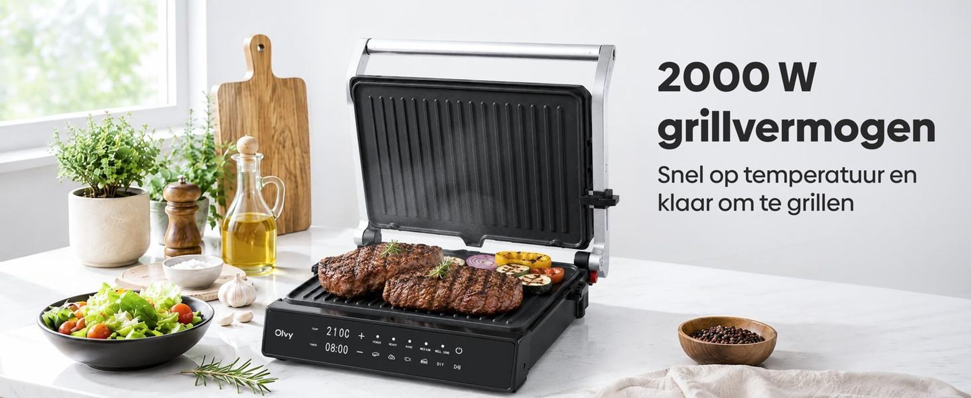 Olvy Contactgrill, 2000W, Elektrische grill, Sandwichmaker, 5 programma's, Paninigrill, Grilltoaster voor binnen, PFAS-vrije platen, Tafelgrill