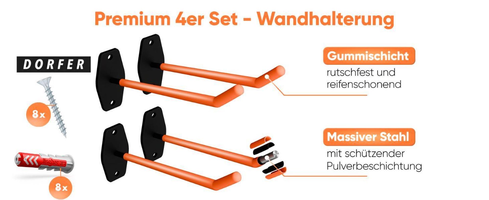 DORFER Reifen Wandhalterung 4er Set | 4x Reifenhalter Wandhalterung gehärteter Stahl inkl. deutschen Marken-Dübel & Schrauben verzinkt | Felgenhalter