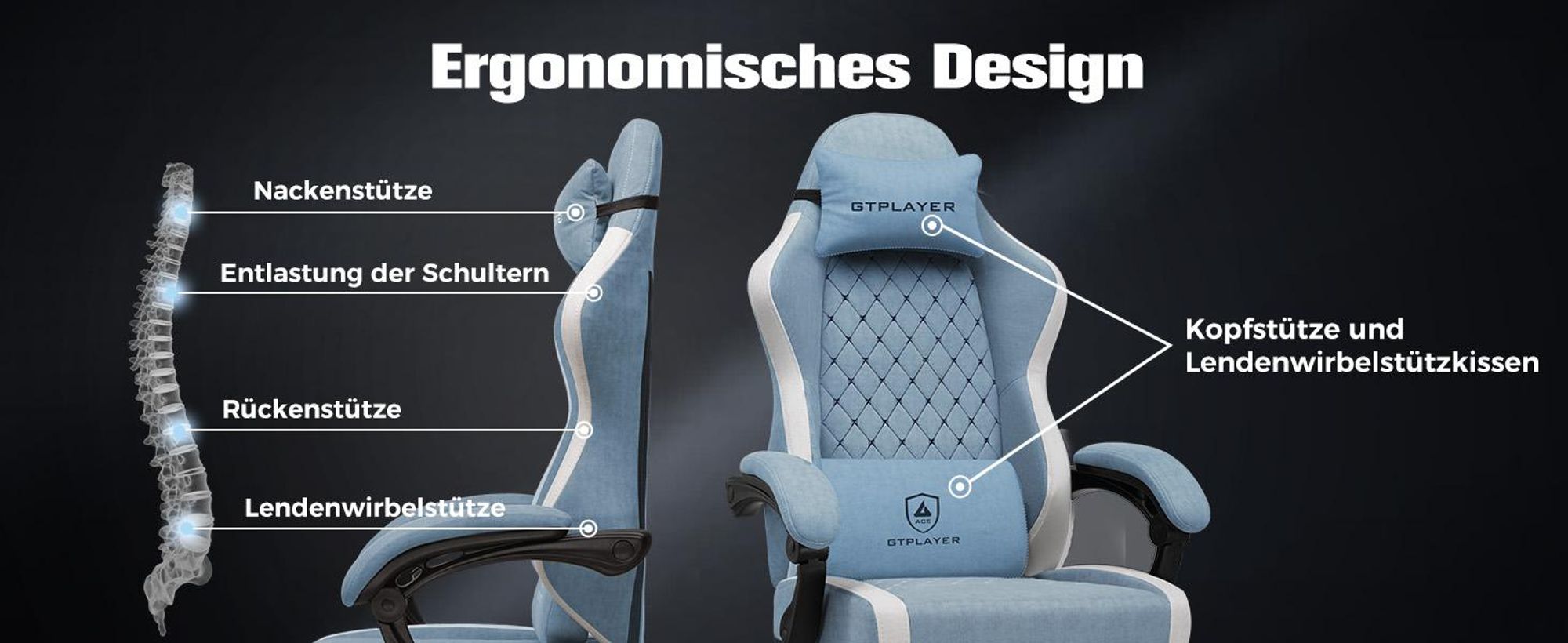 GTPLAYER Gaming Stuhl Ergonomischer, PC Stuhl Atmungsaktiver Stoff, Groß und Hoch Drehbarer Schreibtischstuhl mit Fußstütze, Hellblau
