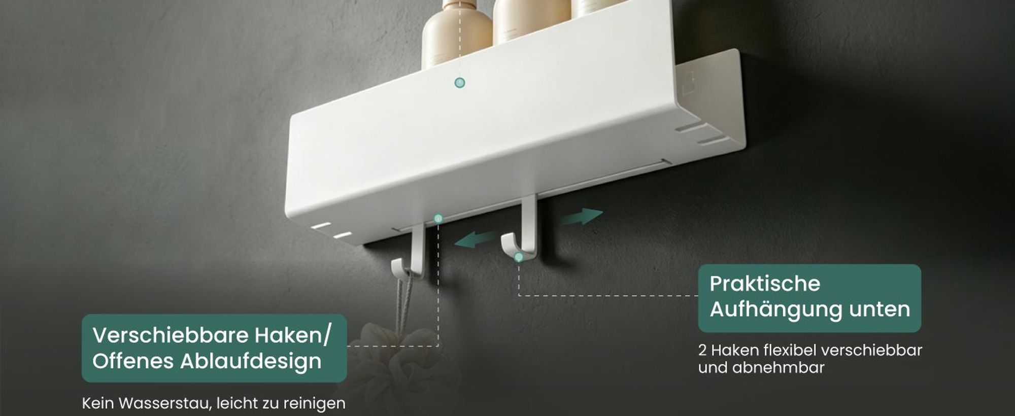Mai & Mai Duschablage ohne Bohren mit 2 Schiebehaken, Duschablage zum Hängen Weiß 40cm Reglo-18