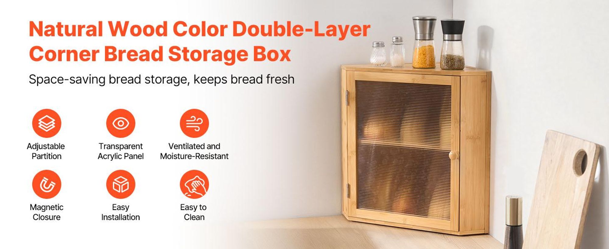 VEVOR Eck-Brotkasten doppellagiger Brotbehälter Brotbox Organizer aus Holz für s