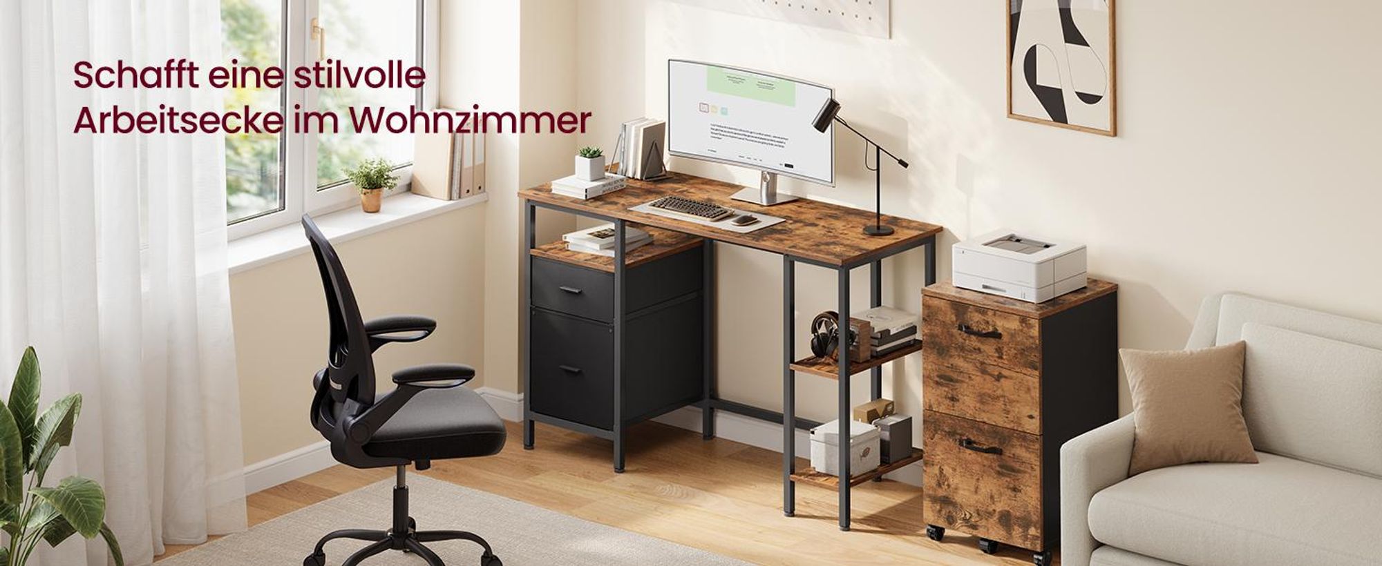 VASAGLE Schreibtisch mit 3 Ablagen, Bürotisch mit 2 Schubladen, 127 x 50 x 76 cm, moderner Stil, braun-schwarz