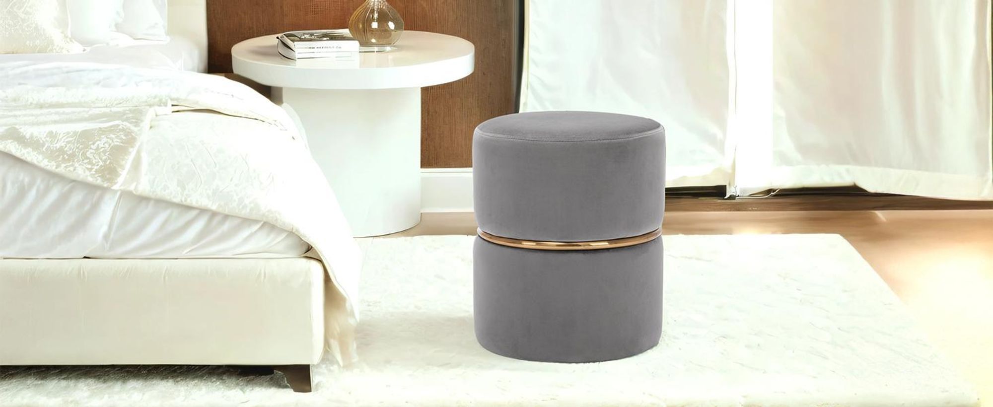 Duhome Samt Sitzhocker Gepolsterter Ottoman Rund Polsterhocker für Schlafzimmer Wohnzimmer Hauseingang Flur, Grau
