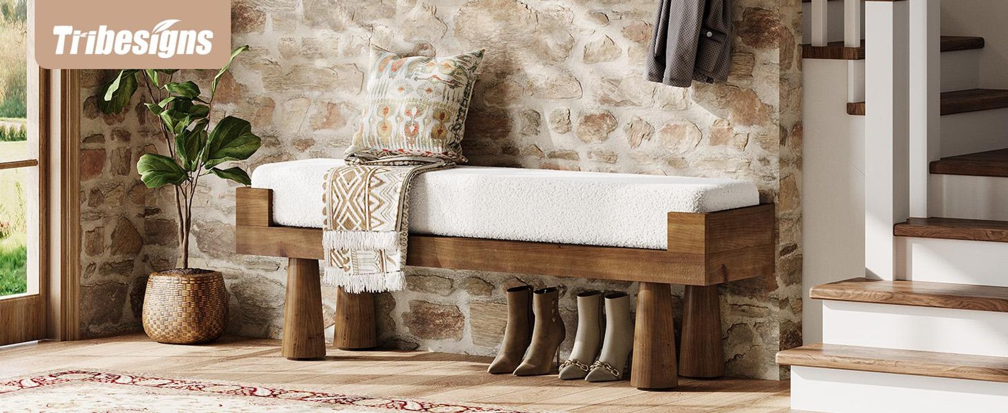 Tribesigns Gepolsterte Eingangsbank, Schuhbank mit gepolstertem Sitz und Beinen Massivholz, Fußhocker Garderobe, Flur, Beine aus Gummibaumholz