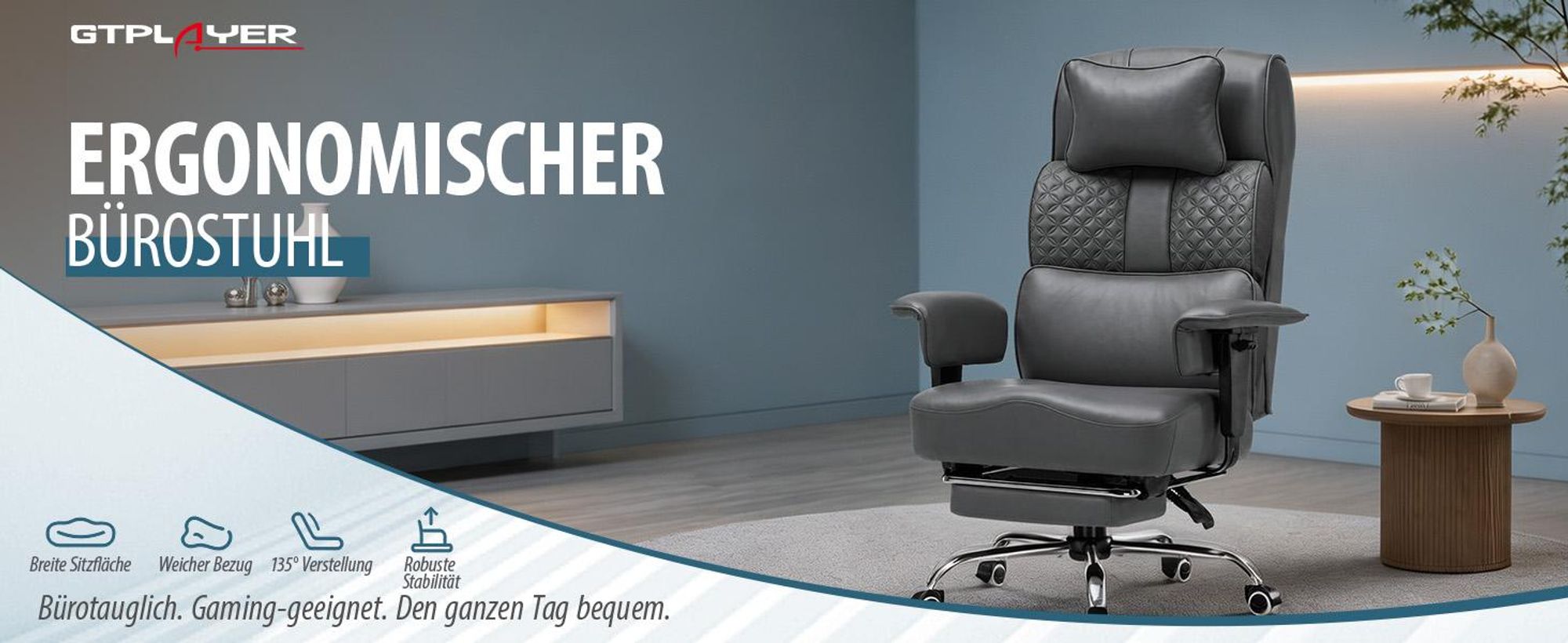 GTPLAYER Gaming Stuhl Ergonomischer Bürostuhl mit Verstellbarer Kopfstütze großer Lendenwirbelstütze, 54 cm breiter Sitz, 90°–150° neigbar 180KG