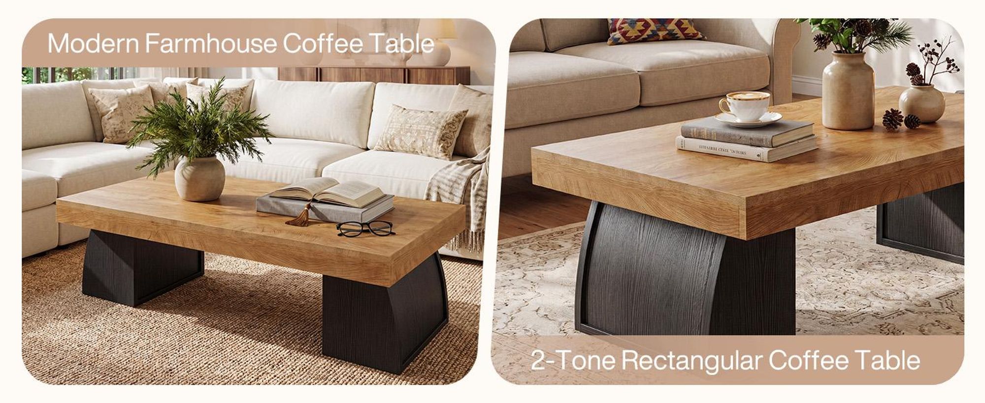 Wanbor  Couchtisch, Industrieller Couchtisch mit schwarzem Gestell, Moderner Beistelltisch aus Holz für Wohnzimmer, Holzmaserung und Schwarz