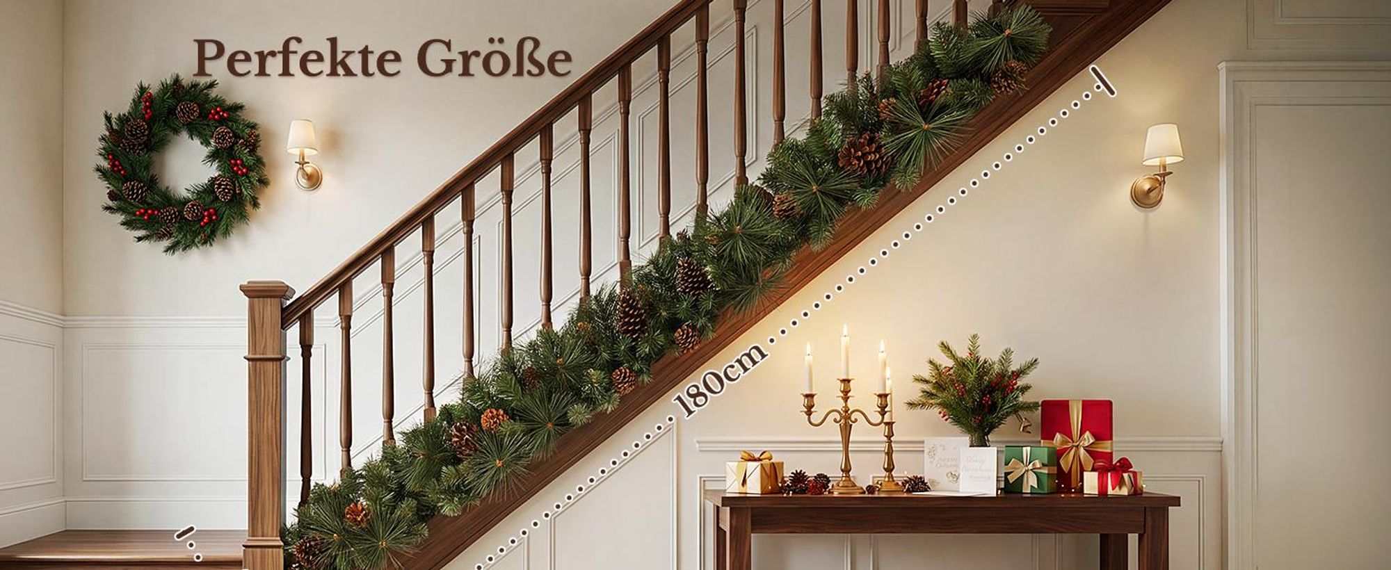 HOKEEPER Weihnachtsgirlande 180 cm mit grünen PVC-Nadeln & Zapfen