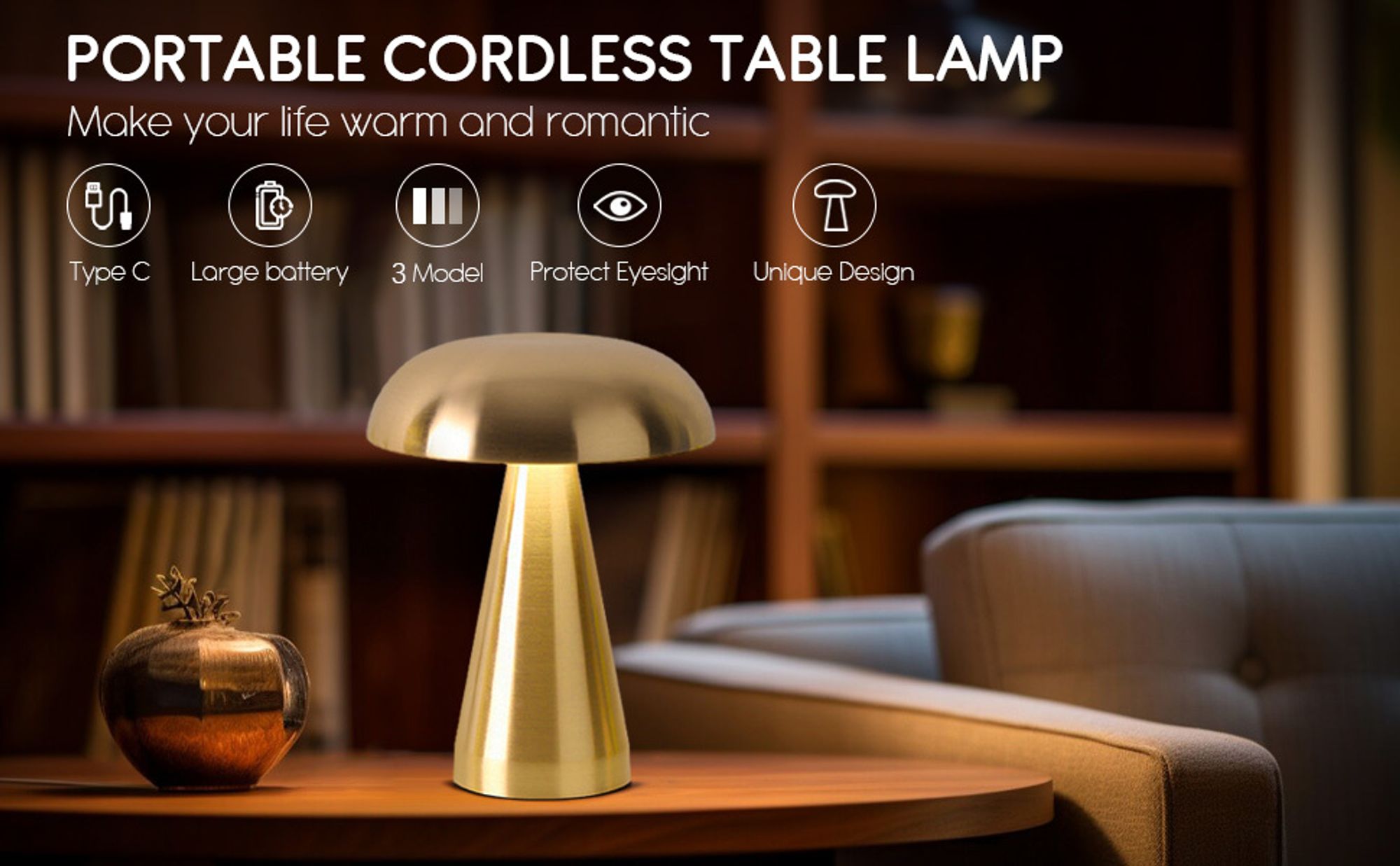 LED Akku Pilz-Tischleuchte gold Metall Dimmbar Kabellos USB Warmweiß Lampe Touch Tischlampe Nachttischlampe，Touch Steuerung Augenschutz Leselampe