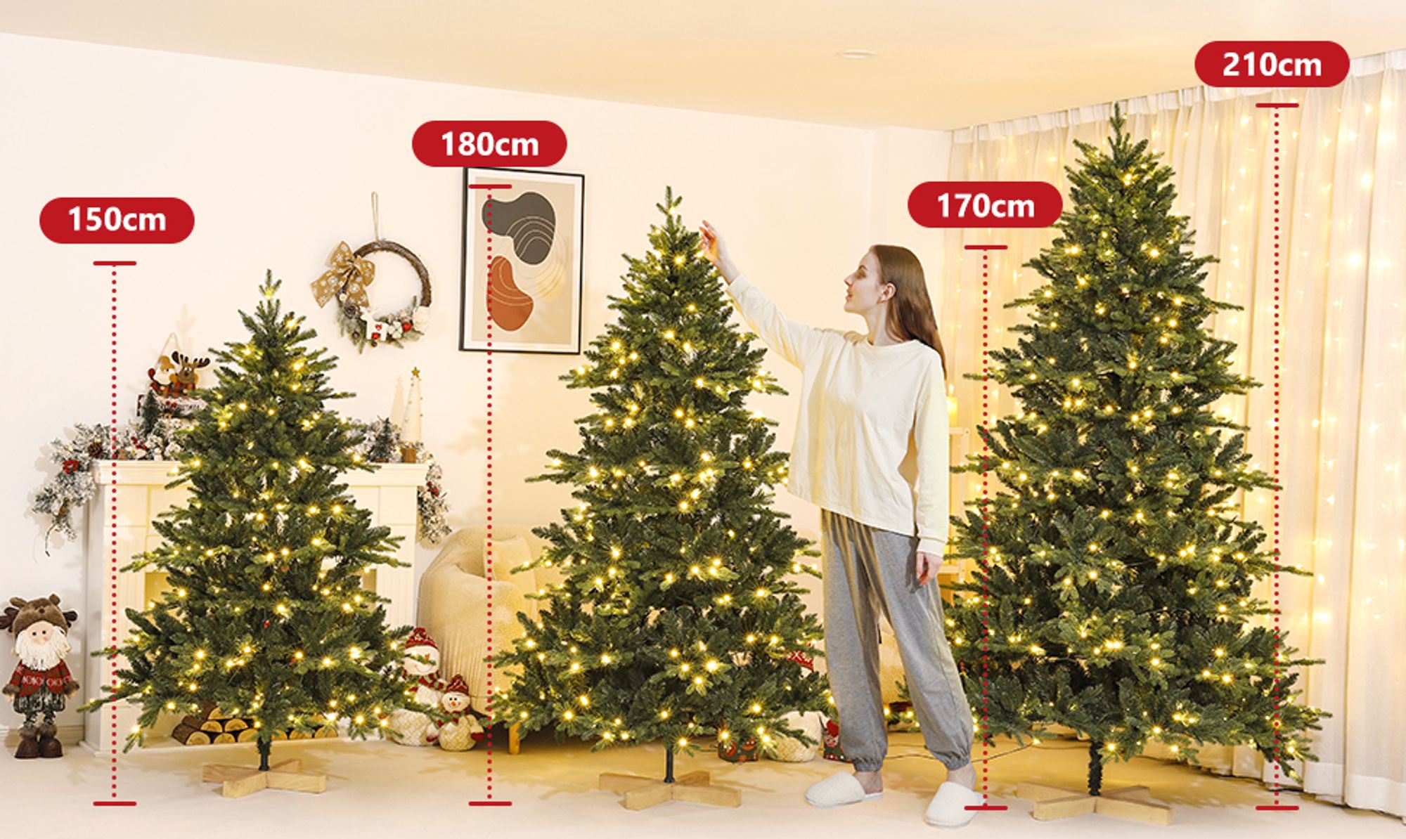 Yorbay künstlicher Weihnachtsbaum Nordmanntanne mit Beleuchtung LED Tannenbaum mit Holzständer für Weihnachten-Dekoration, aus PE und PVC, Mehrweg (150cm)