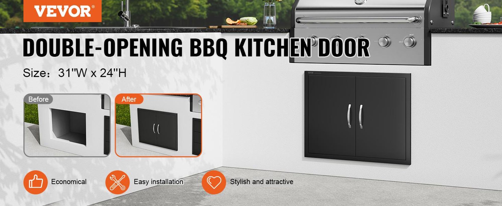 VEVOR BBQ-Zugangstür, 990x660 mm Doppelte Außentür für die Küche, Edelstahl-Einbau Tür, Wandvertikale Tür mit Griffen und Haken, für BBQ-Insel, Grillstation, Außenschrank, 788x610 mm