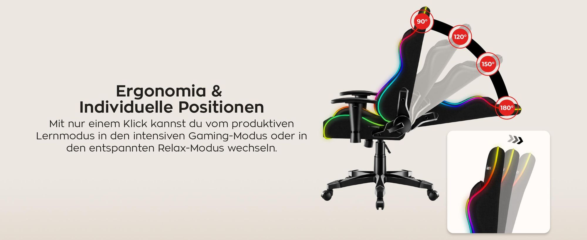 Huzaro Kinder Schreibtischstuhl Ranger 6.0 Gaming Stuhl Racing Sessel Bürostuhl Drehstuhl Gamer bis 130 kg RGB Led Schwarz
